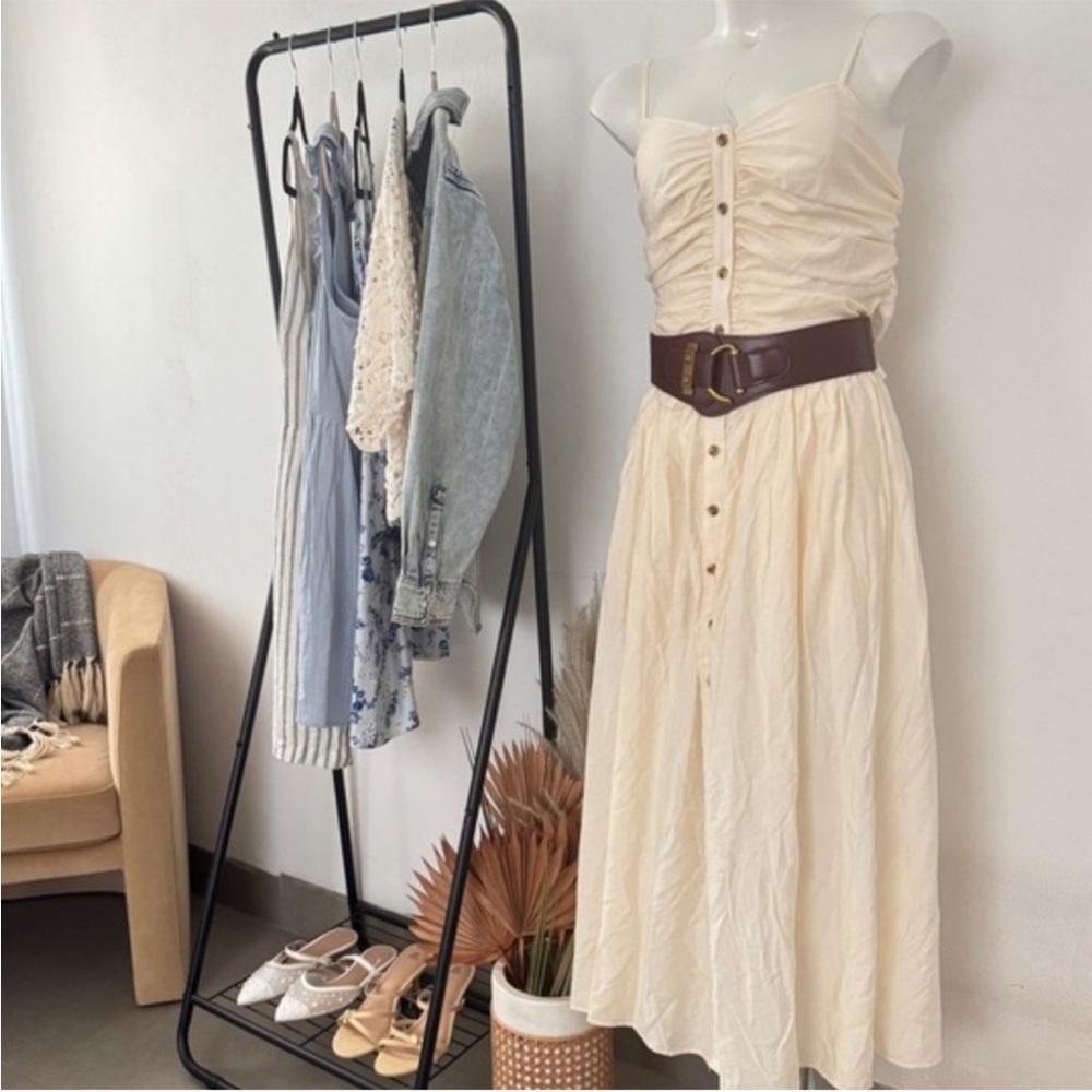 Cream Button-Front Spaghetti Strap Maxi Brunch Dress